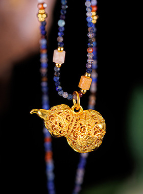 2025新中式天然彩石碧玺串珠项链国风镂空爬藤葫芦高级感毛衣链女