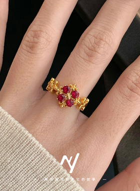 小众轻奢高级感鸢尾花红宝石食指戒开口指环简约鸽子血红锆石戒指
