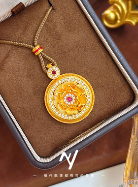 新中式小众设计感国风点钻拉丝牡丹花沙金吊坠毛衣链挂坠送礼批发