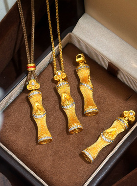 2026新款越南沙金轻奢设计感点钻手工拉丝竹节无相佛吊坠毛衣链女