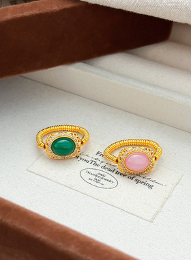 DIY复古小金圈路绿玉髓小盘缠戒指女民族风红宝石碎碎金沙金指环