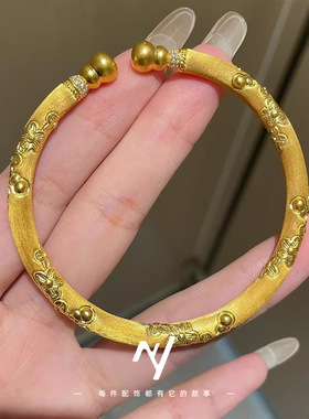 古法沙金黄色拉丝樱花葫芦开口手镯女轻奢小众精致新中式古风手环