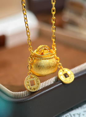 金店款拉丝钱袋碎冰双钱币吊坠项链女时尚高级感锁骨链 送礼批发
