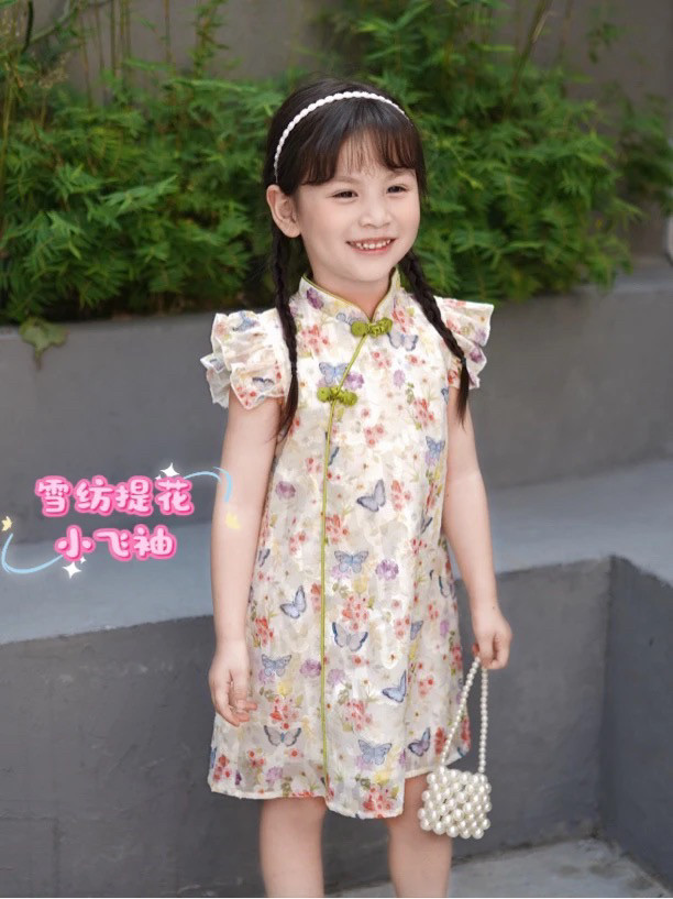 2025夏季新款 雪纺提花 蝴蝶飞袖连衣裙 女童中式改良旗袍 热销