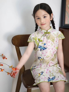 绿色【清雅小燕子】苎麻儿童复古旗袍夏季清凉 2025新国风连衣裙