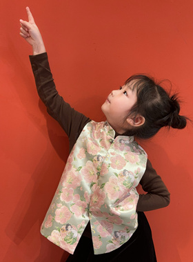 水绿色女童新中式马甲 花仙子提花面料 四季款单层坎肩 女童马甲