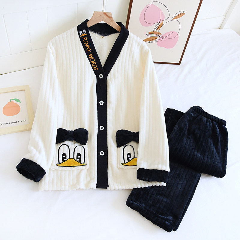 清仓 冬季女士法兰绒加绒加厚保睡衣/家居服套装