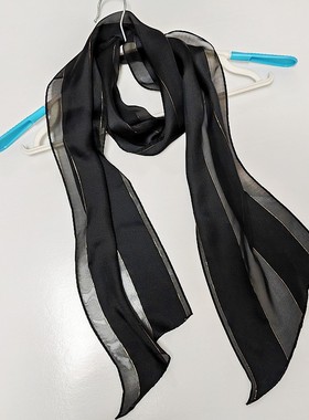 真丝黑色缎条百搭蝴蝶结装饰丝巾领巾三角护颈防晒飘带女轻奢金边