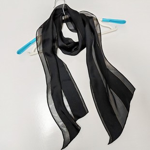 真丝黑色缎条百搭蝴蝶结装饰丝巾领巾三角护颈防晒飘带女轻奢金边