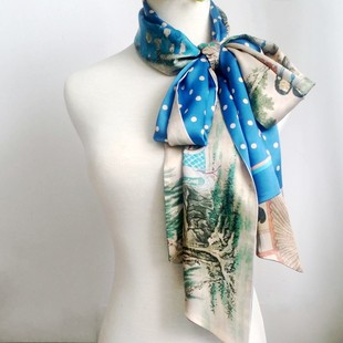 【缤纷丝语】真丝缎子仕女图围巾双面印花古风丝巾女长条装饰领巾