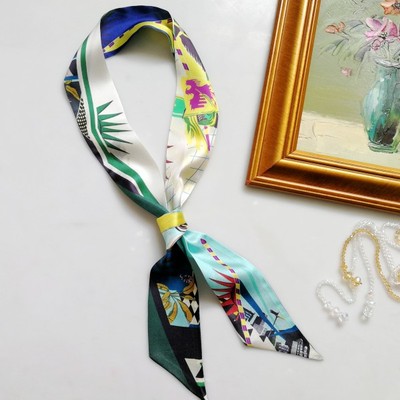 长条斜角印花窄版飘带双面丝巾