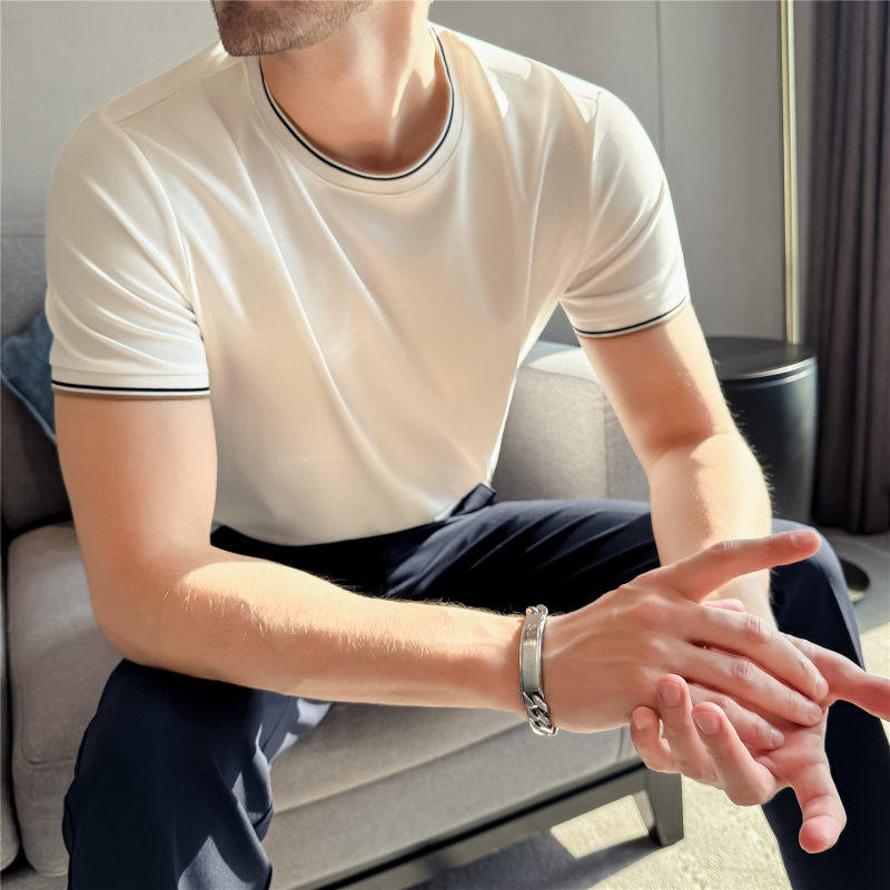 高级感拼色螺纹圆领T恤韩版修身男士百搭短袖T恤汗衫时尚休闲上衣