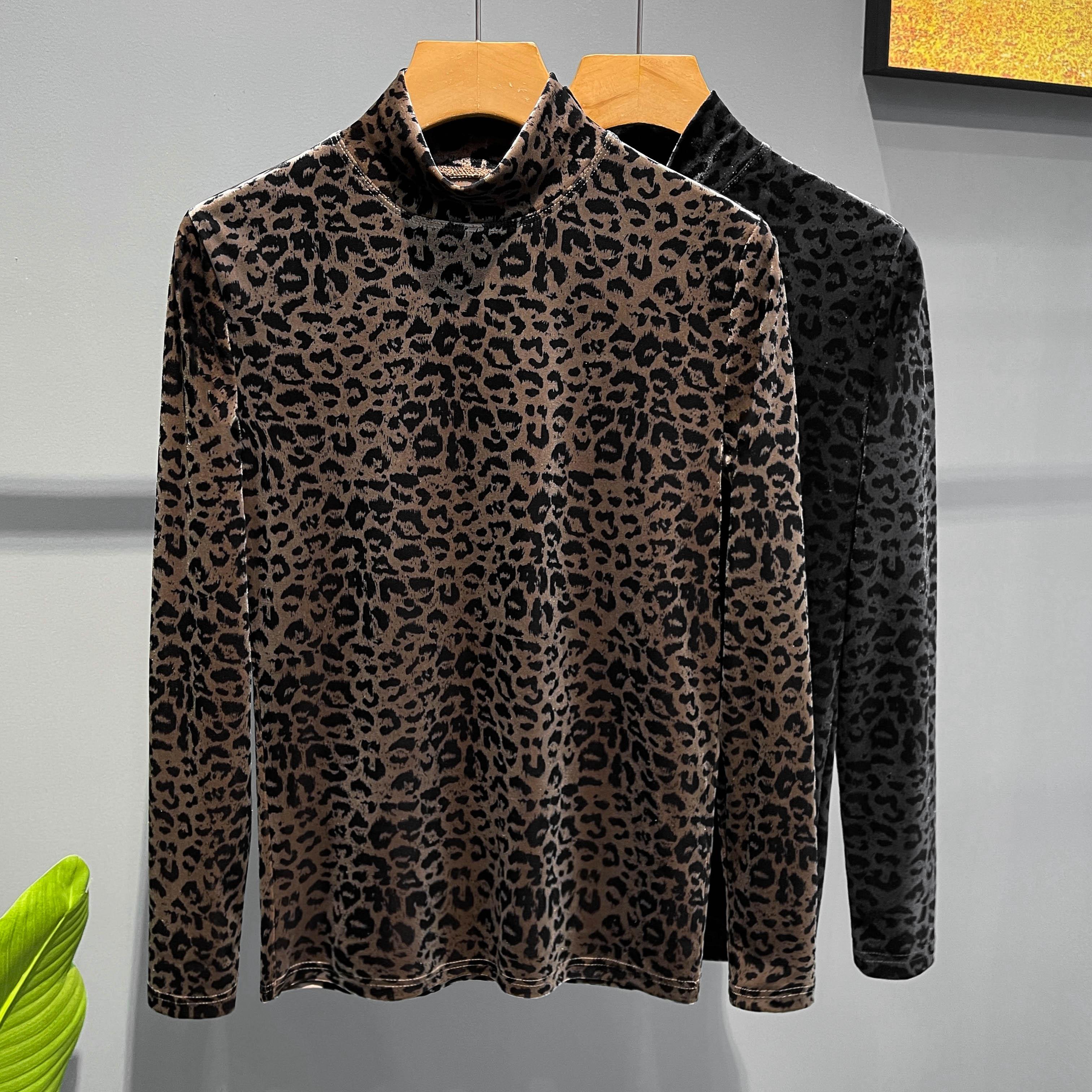 丝绒豹纹修身长袖T恤打底衫