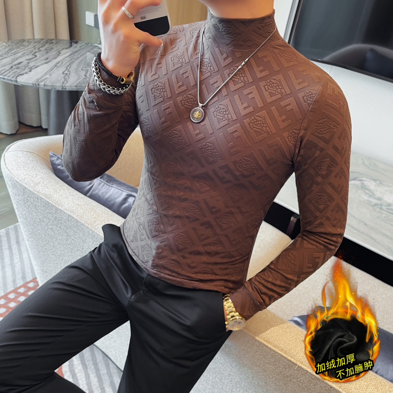 冬季加绒保暖半高领打底衫男士修身提花加厚长袖T恤时尚弹力内搭