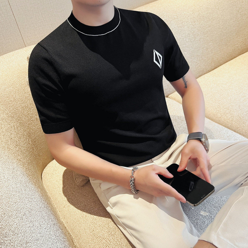 夏季圆领短袖冰丝针织衫男士修身撞色百搭T恤潮流时尚休闲打底衫