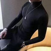 2025男士 中领抓绒潮 T恤修身 纯色紧身打底衫 高级感半高领内搭长袖