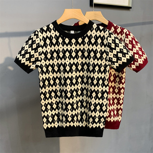 针织衫 短袖 潮流圆领撞色休闲线衫 痞帅时尚 男士 百搭打底衫 菱格修身