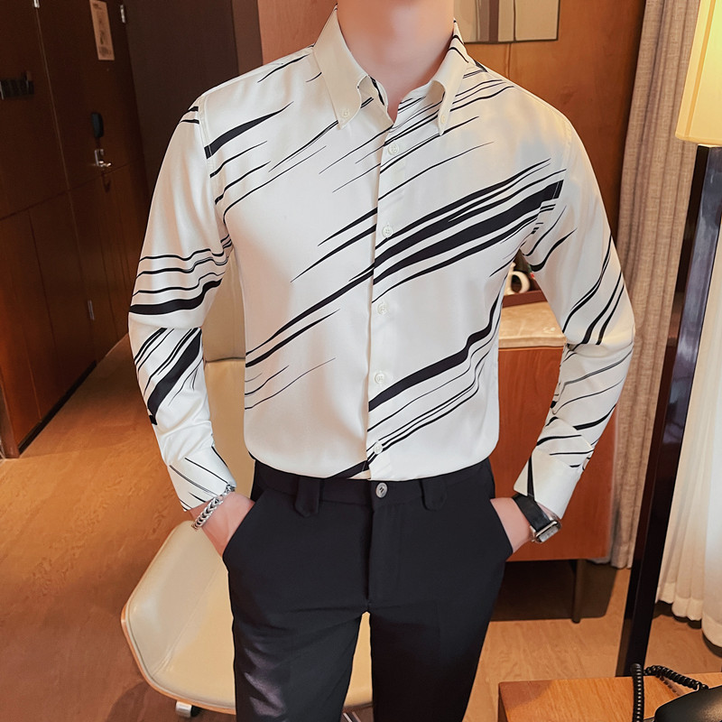 男士长袖衬衫夏季潮流休闲薄款花衬衣型男修身印花上衣条纹半袖