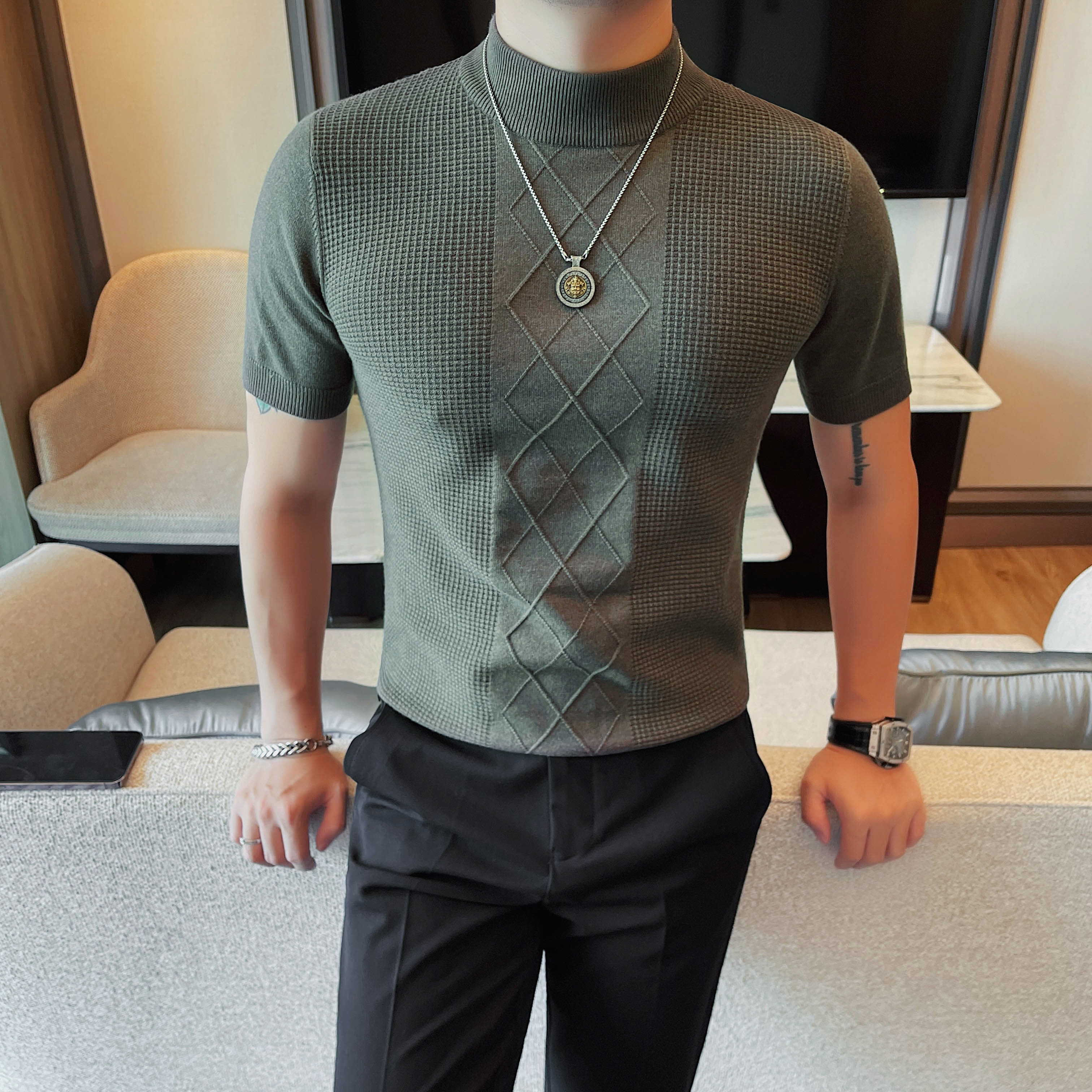 秋装男士半高领针织短袖韩版修身纯色提花T恤紧身中领打底衫线衫