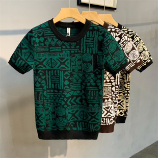 韩版 修身 潮流半截线衫 男士 弹力打底衫 针织衫 痞帅个性 圆领提花短袖