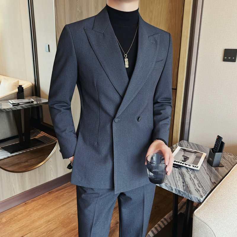 高级感绅士前侧开衩西服外套商务休闲男士双排扣西装正装礼服单西