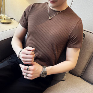 夏季薄款冰丝弹力条纹短袖T恤男士修身高级感圆领打底衫潮流百搭