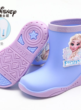 迪士尼儿童雨鞋女孩防滑小孩宝宝雨靴中大童上学胶鞋女款加绒水鞋