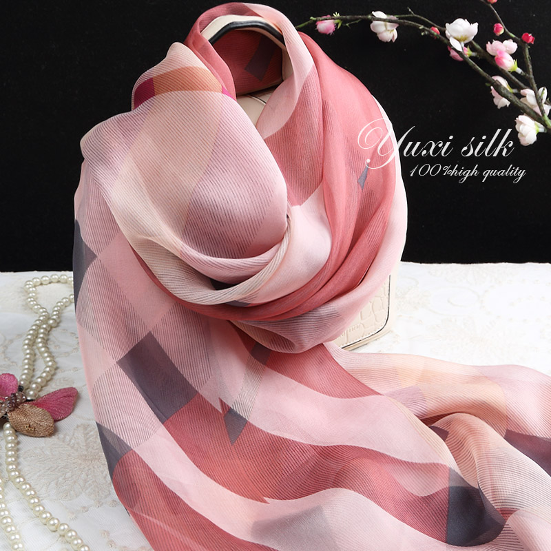 粉色格子100%桑蚕丝长款真丝丝巾披肩女士纱巾春秋冬夏季丝绸围巾