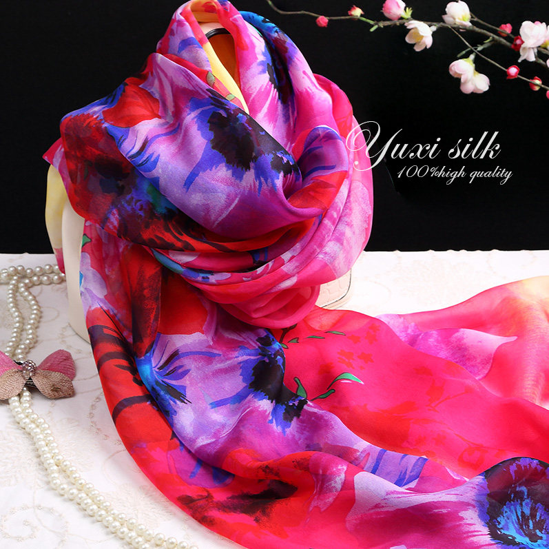 玫红花卉100%桑蚕丝长款真丝丝巾披肩女士纱巾春秋冬夏季丝绸围巾,服饰配件/皮带/帽子/围巾,围巾/丝巾/披肩,淘宝优惠券,粉丝福利购,淘宝优惠卷