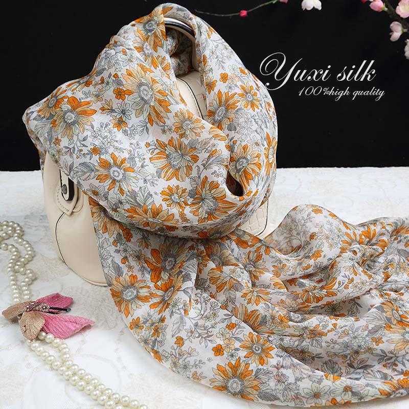 黄雏菊小碎花100%桑蚕丝长款真丝丝巾披肩女士春秋冬夏季丝绸围巾