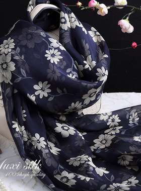 藏青花朵100%桑蚕丝春秋冬丝绸