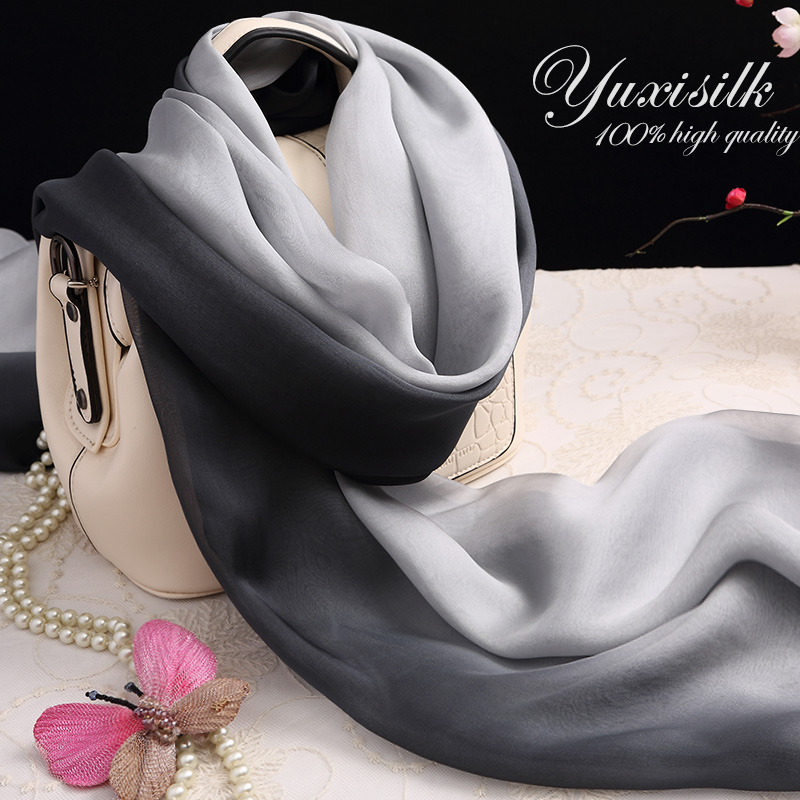 黑灰渐变色100%桑蚕丝长款真丝丝巾围巾女纱巾披肩春秋冬夏季百搭