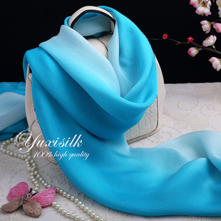 天蓝渐变色100%桑蚕丝长款真丝丝巾围巾女纱巾披肩春秋冬夏季百搭