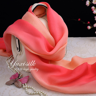 橘色渐变色100%桑蚕丝长款真丝丝巾围巾女纱巾披肩春秋冬夏季百搭