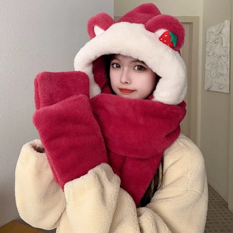 帽子围巾一体成人女冬季鹿角新年圣诞帽三件套冬天可爱保暖手套