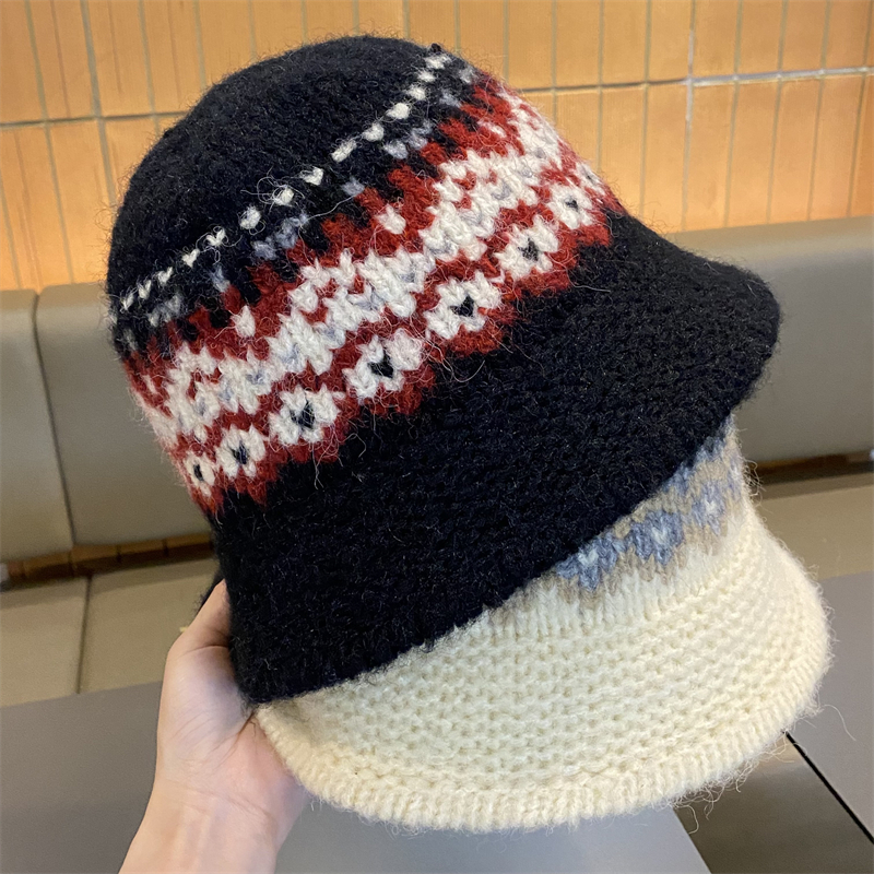 韩版手工提花针织毛线盆帽女秋冬