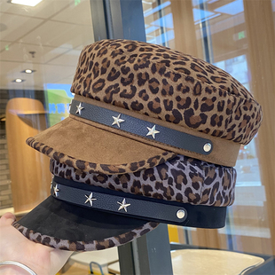 美式 百搭显脸小平顶帽街头时髦画家帽 潮流辣妹豹纹贝雷帽女秋冬季