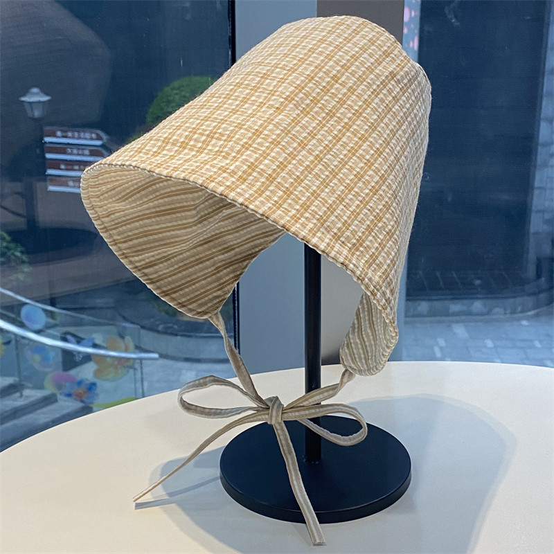 双面戴条纹格子系带渔夫帽女显脸小百搭大帽檐盆帽防晒包头水桶帽