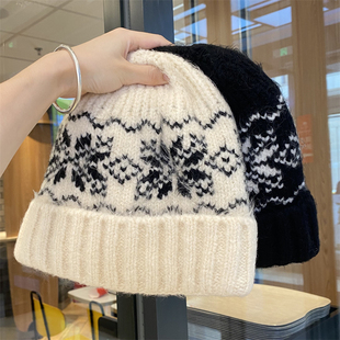 费尔岛风针织毛线帽女秋冬季 休闲显脸小包头帽加厚防寒保暖护耳帽