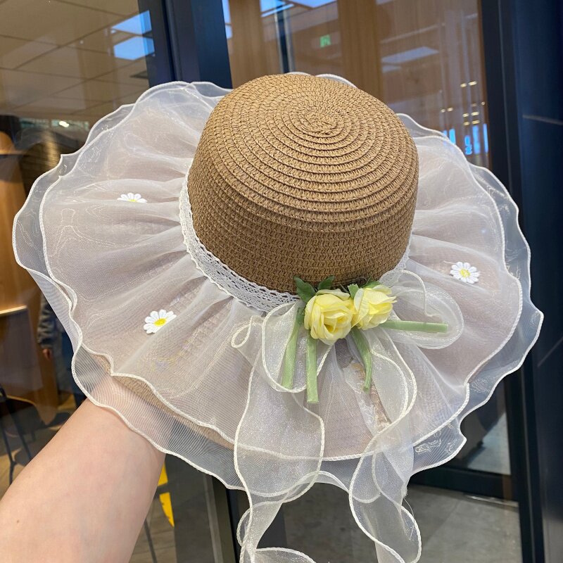 蝴蝶结蕾丝草帽女夏季户外遮阳帽