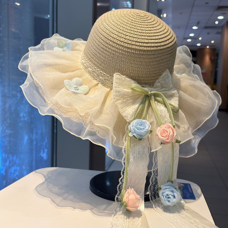 优雅气质郁金香花朵蕾丝草帽女夏季防晒海边度假遮阳帽百搭渔夫帽