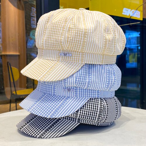 日系新款格纹八角帽女春夏季百搭