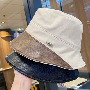 美拉德皮质拼接新款 渔夫帽女宽檐显脸小遮阳盆帽素颜百搭水桶帽潮