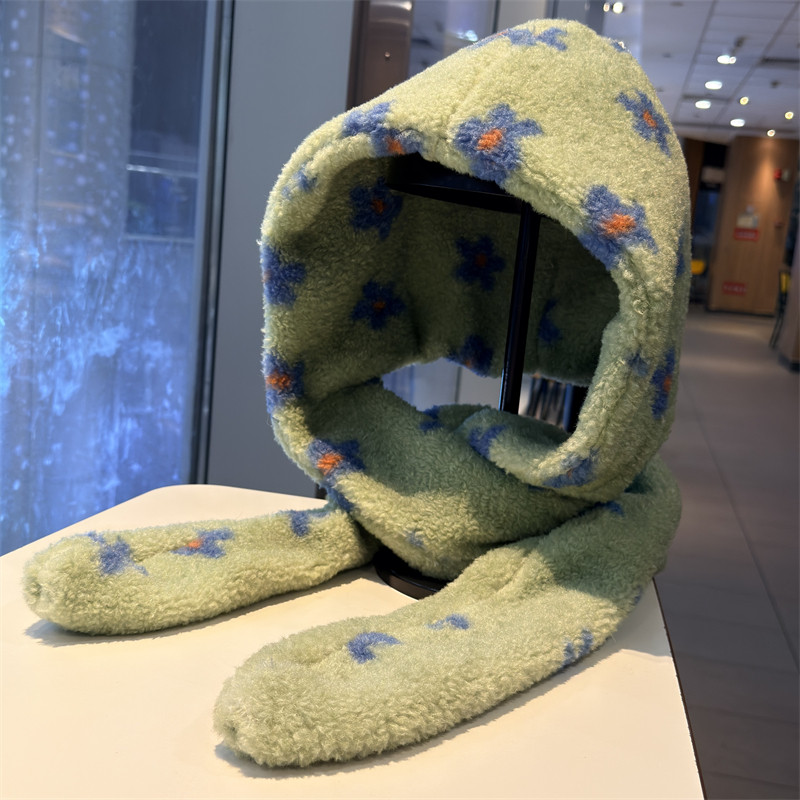 小清新花朵羊羔绒帽子围巾一体女冬季百搭保暖雷锋帽子防寒护耳帽