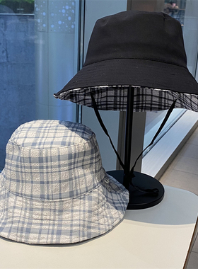 2024新款格子双面戴渔夫帽夏季户外遮阳防晒盆帽素颜大头围水桶帽