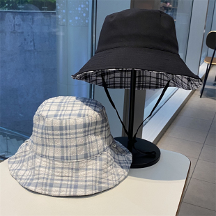 2024新款格子双面戴渔夫帽夏季户外遮阳防晒盆帽素颜大头围水桶帽