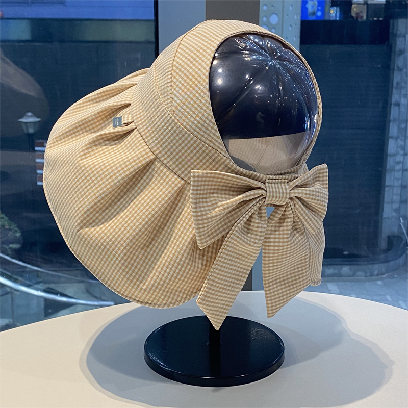 可扎马尾半空顶格子遮阳帽女夏季大帽檐遮脸防晒帽防紫外线太阳帽