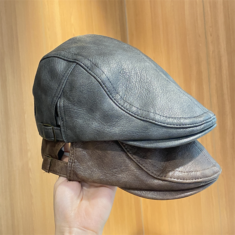 英伦做旧PU皮质前进帽男女日系复古文艺画家贝雷帽休闲百搭鸭舌帽