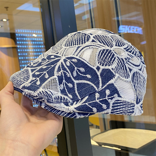 百搭显脸小贝雷帽 遮阳鸭舌帽时尚 复古刺绣花朵前进帽女春夏季 薄款