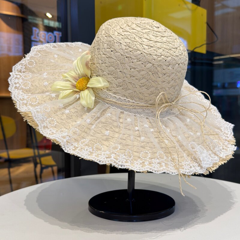 田园风蕾丝花朵草帽女夏季太阳帽